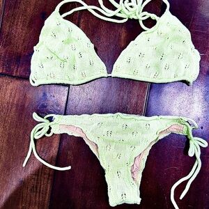 Light Green Knit Triangle Bikini Top and Tie-Side Bottoms